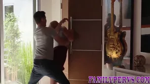 Teen gets facial after a rough fuck and blow job from mom and dad