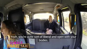 Lesbian sex of British and Dutch girls in a fake taxi
